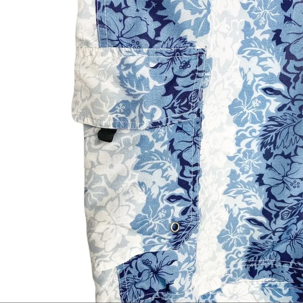 Men's Surfwaves Blue White Floral Board Swim Shorts Trunks 34